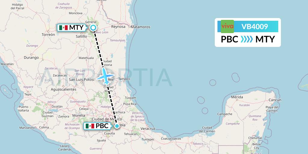VB4009 VivaAerobus Flight Map: Puebla to Monterrey