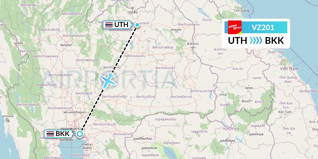 VZ201 Thai Vietjet Air Flight Map: Udon Thani to Bangkok