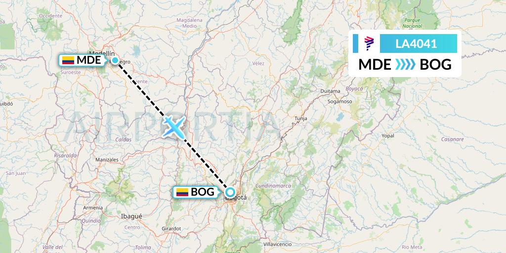 LA4041 LAN Airlines Flight Map: Medellin to Bogota