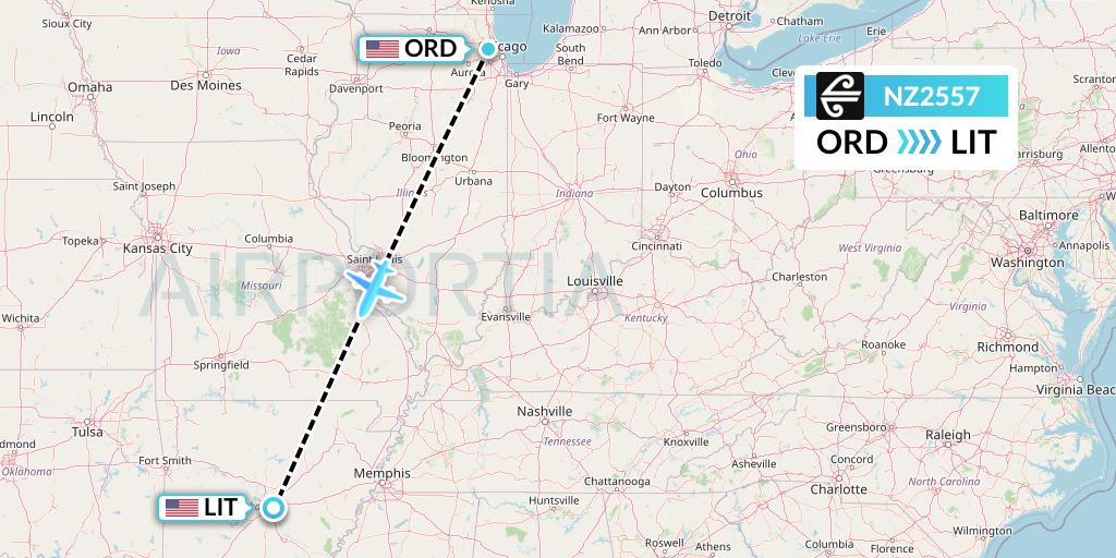 NZ2557 Air New Zealand Flight Map: Chicago to Little Rock