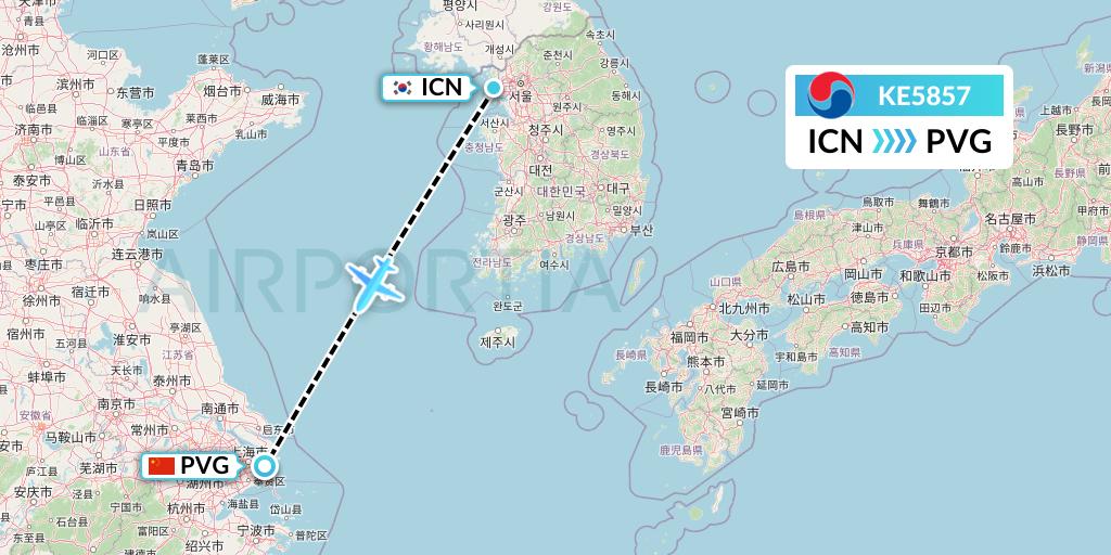 KE5857 Korean Air Flight Map: Seoul to Shanghai
