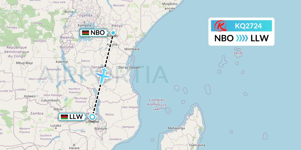 KQ2724 Kenya Airways Flight Map: Nairobi to Lilongwe
