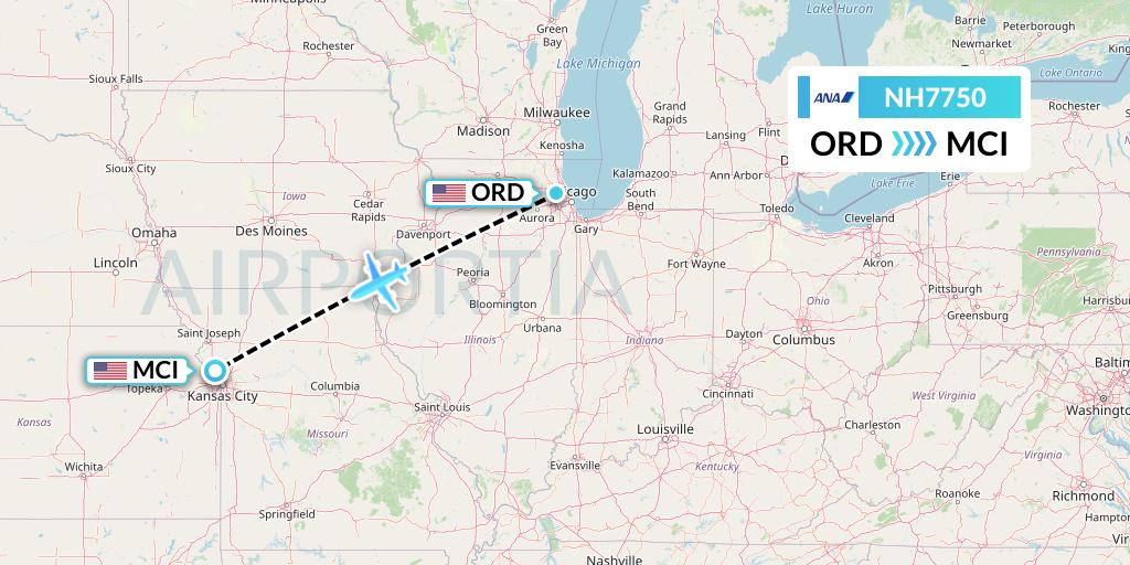 NH7750 All Nippon Airways Flight Map: Chicago to Kansas City