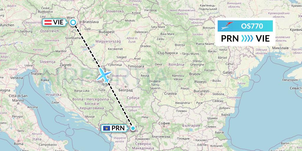 OS770 Austrian Airlines Flight Map: Pristina to Vienna