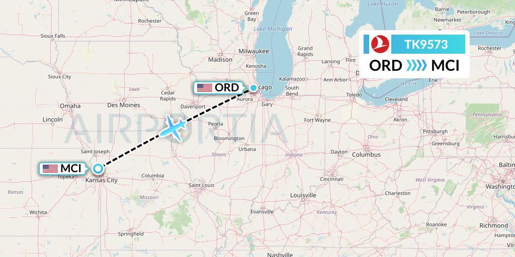 TK9573 Turkish Airlines Flight Map: Chicago to Kansas City