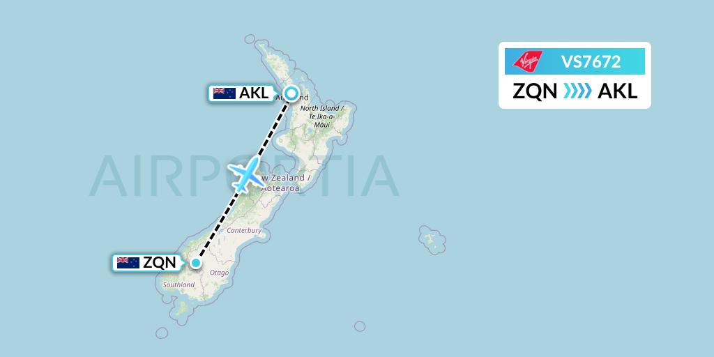 VS7672 Virgin Atlantic Airways Flight Map: Queenstown to Auckland