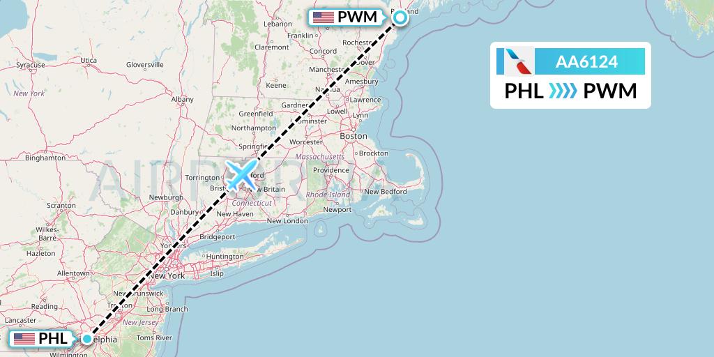 AA6124 American Airlines Flight Map: Philadelphia to Portland