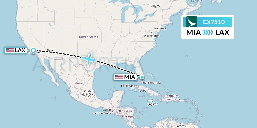 CX7510 Cathay Pacific Flight Map: Miami to Los Angeles