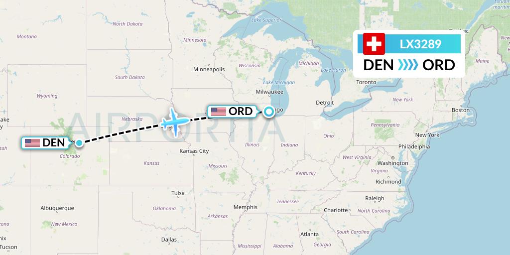 LX3289 Swiss Flight Map: Denver to Chicago