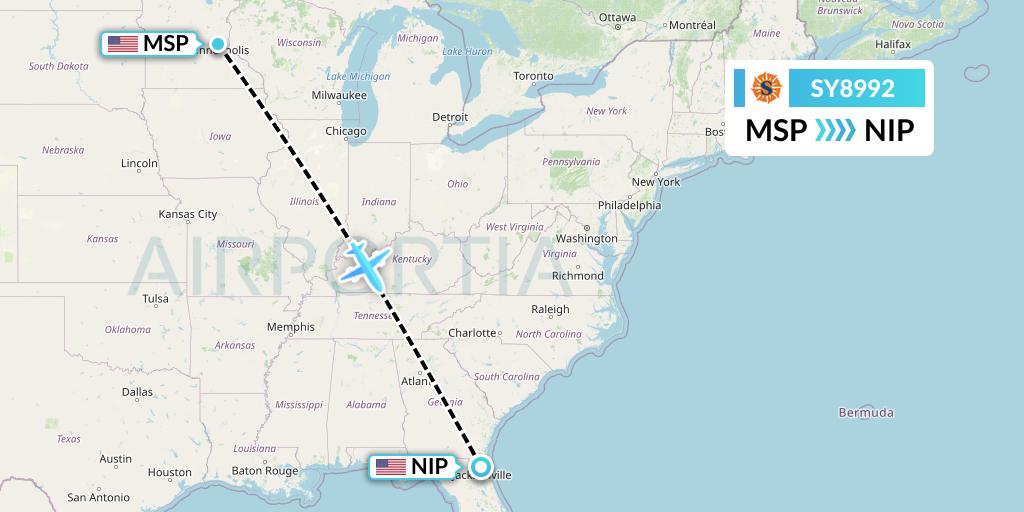 SY8992 Sun Country Airlines Flight Map: Minneapolis to Jacksonville