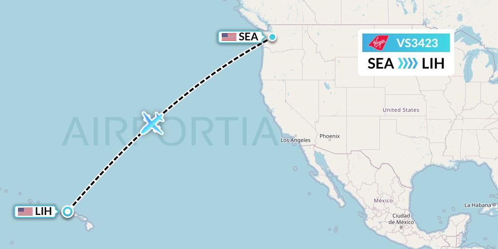 VS3423 Virgin Atlantic Airways Flight Map: Seattle to Lihue