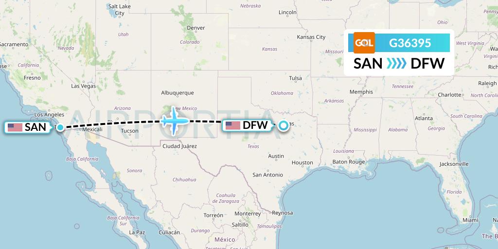 G36395 GOL Transportes Aeros Flight Map: San Diego to Dallas
