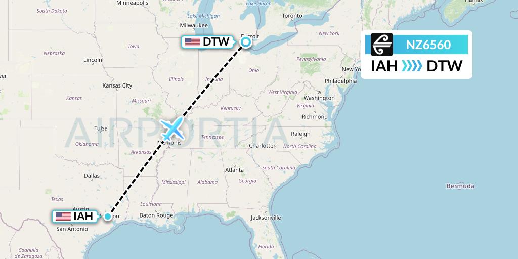 NZ6560 Air New Zealand Flight Map: Houston to Detroit