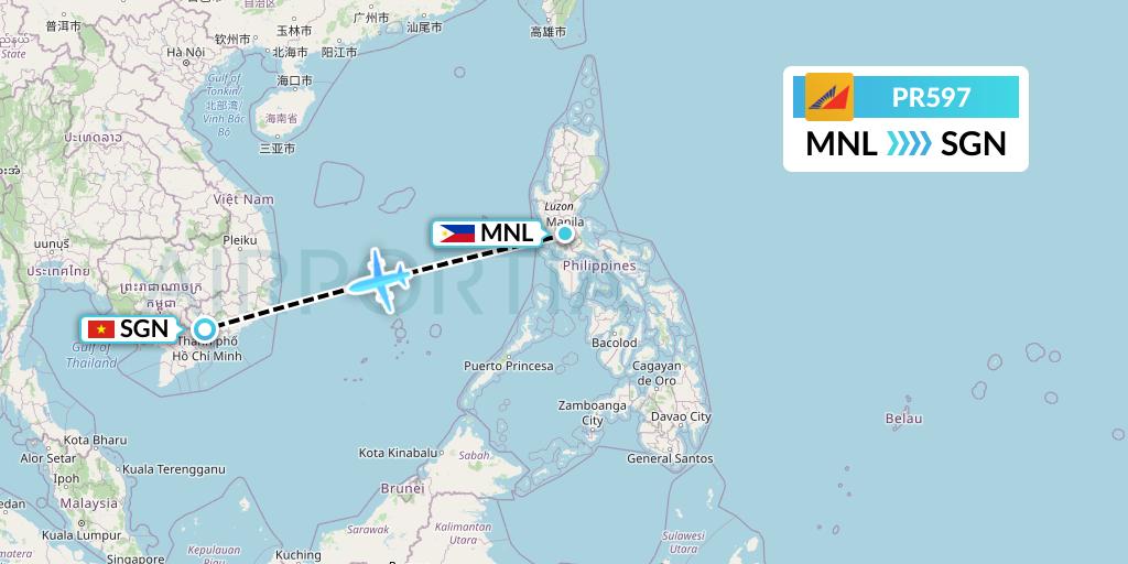 PR597 Philippine Airlines Flight Map: Manila to Ho Chi Minh City