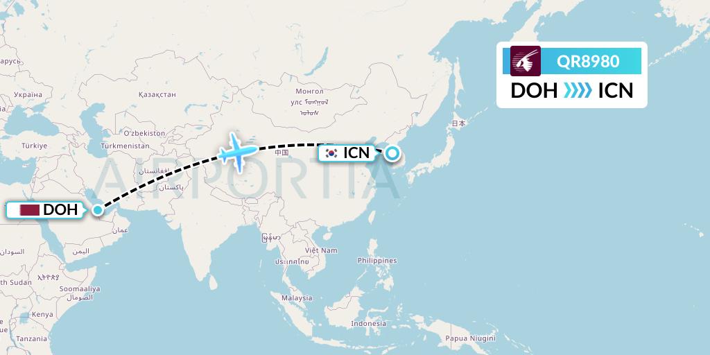 QR8980 Qatar Airways Flight Map: Doha to Seoul