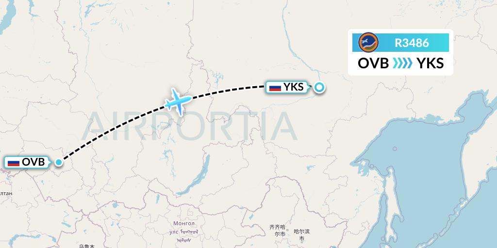 R3486 Yakutia Airlines Flight Map: Novosibirsk to Yakutsk
