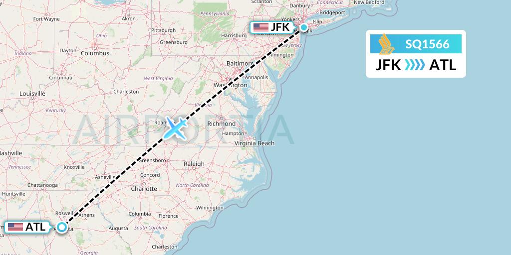 SQ1566 Singapore Airlines Flight Map: New York to Atlanta