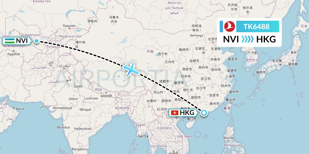 TK6488 Turkish Airlines Flight Map: Navoiy to Hong Kong
