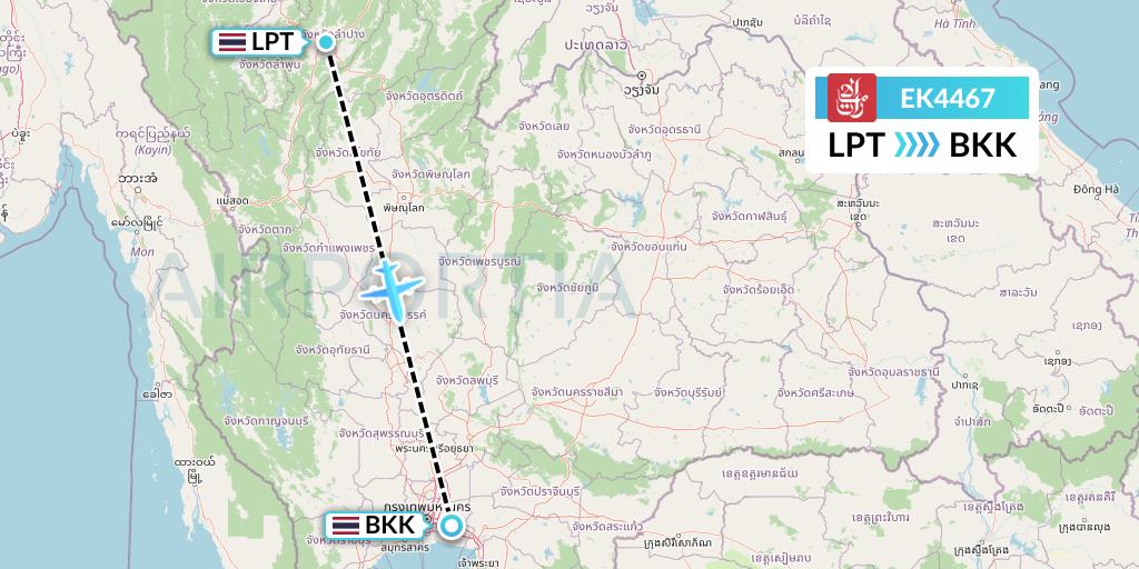 EK4467 Emirates Flight Map: Lampang to Bangkok
