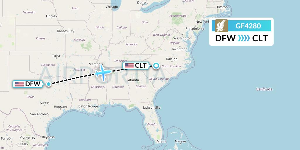 GF4280 Gulf Air Flight Map: Dallas to Charlotte