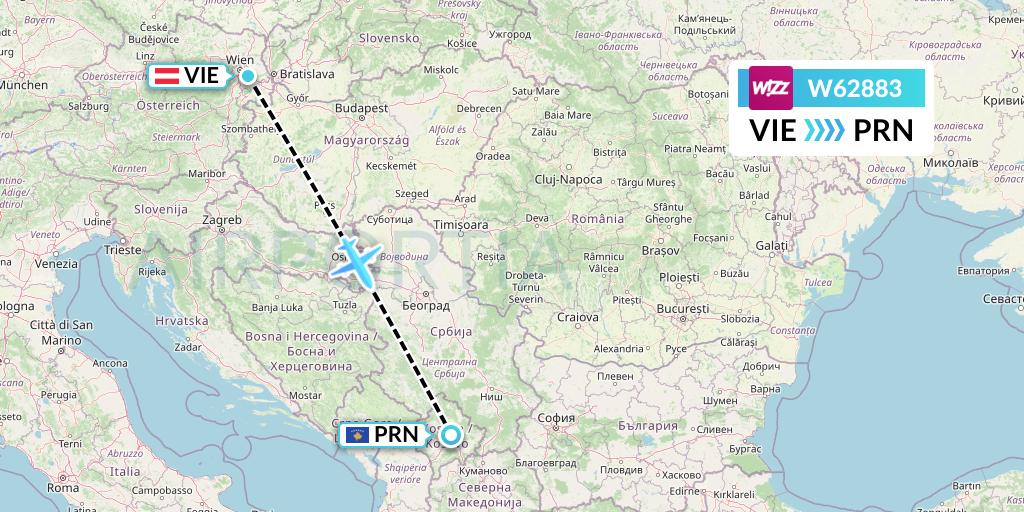 W62883 Wizz Air Flight Map: Vienna to Pristina