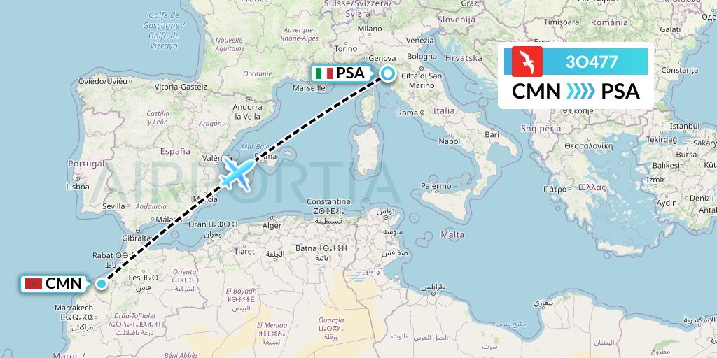 3O477 Air Arabia Maroc Flight Map: Casablanca to Pisa