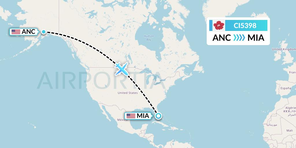 CI5398 China Airlines Flight Map: Anchorage to Miami