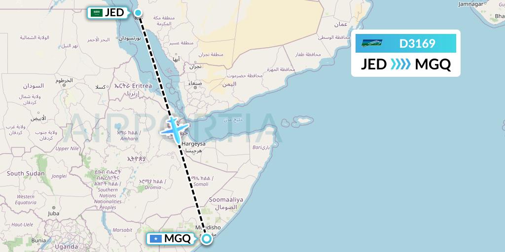 D3169 Daallo Airlines Flight Map: Jeddah to Mogadishu