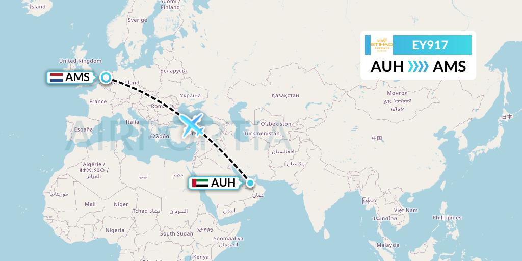 EY917 Etihad Airways Flight Map: Abu Dhabi to Amsterdam