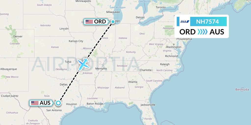 NH7574 All Nippon Airways Flight Map: Chicago to Austin