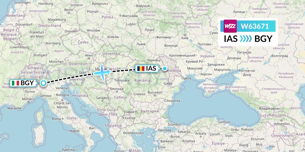 W63671 Wizz Air Flight Map: Iasi to Milan