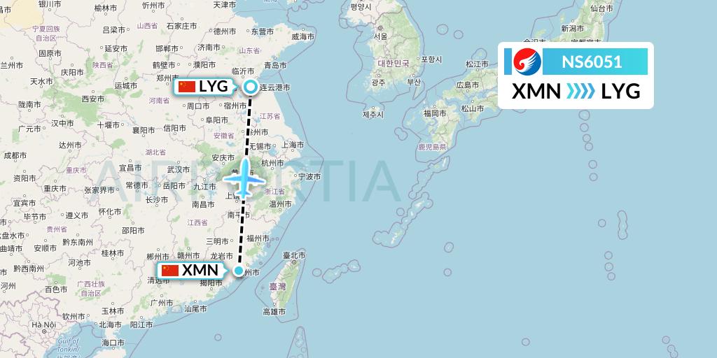 NS6051 Hebei Airlines Flight Map: Xiamen to Lianyungang