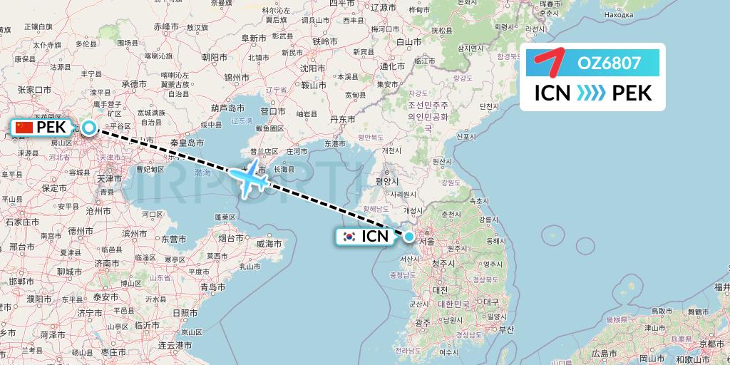 OZ6807 Asiana Airlines Flight Map: Seoul to Beijing
