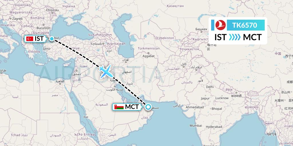 TK6570 Turkish Airlines Flight Map: Istanbul to Muscat