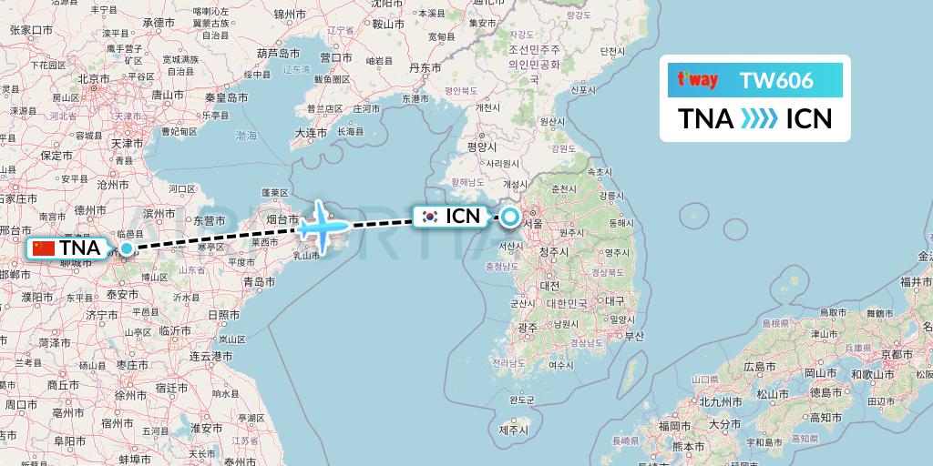 TW606 T'way Air Flight Map: Jinan to Seoul