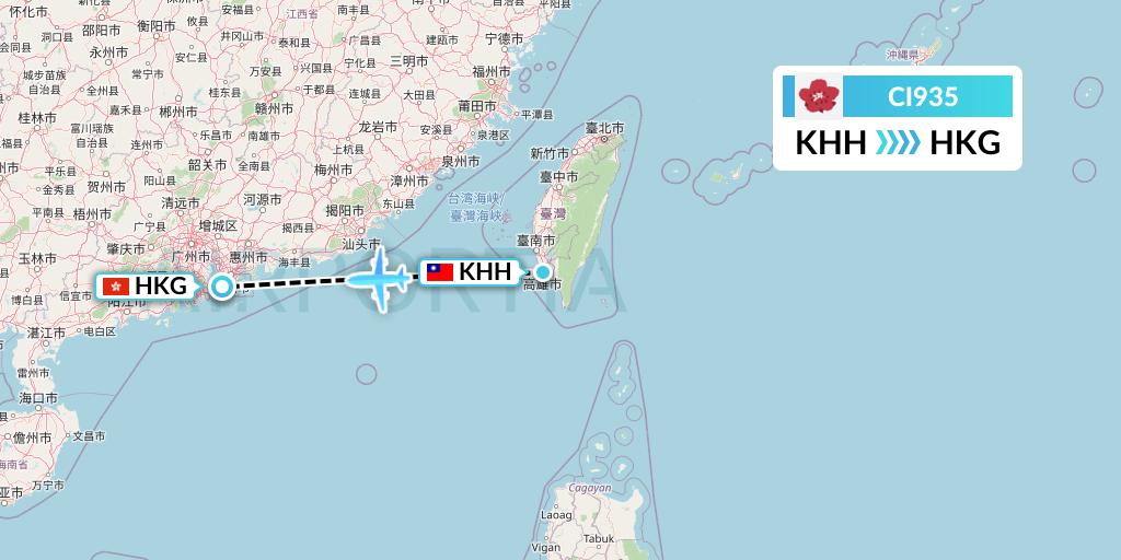 CI935 China Airlines Flight Map: Kaohsiung to Hong Kong