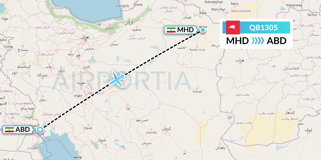 QB1305 Qeshm Airlines Flight Map: Mashhad to Abadan