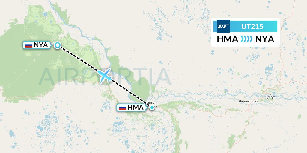 UT215 UTair Flight Map: Khanty-Mansiysk to Nyagan