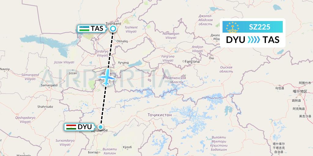 SZ225 Somon Air Flight Map: Dushanbe to Tashkent