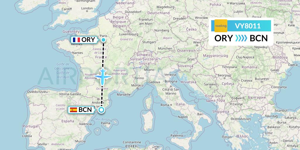 VY8011 Vueling Flight Map: Paris to Barcelona