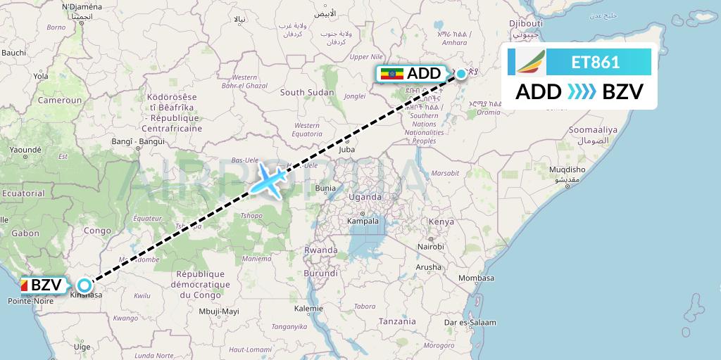 ET861 Ethiopian Airlines Flight Map: Addis Ababa to Brazzaville