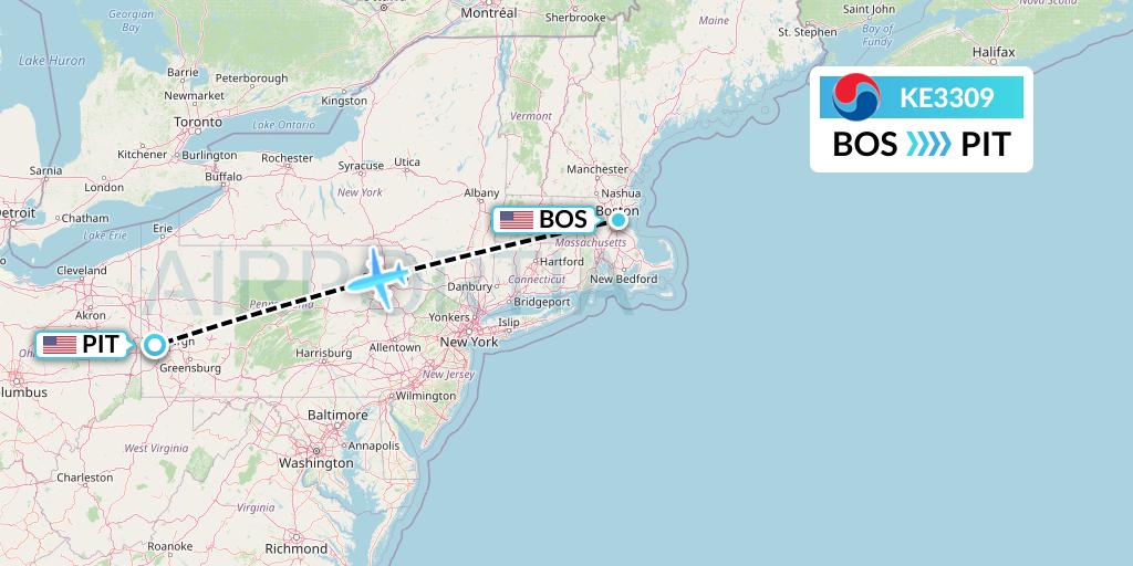 KE3309 Korean Air Flight Map: Boston to Pittsburgh