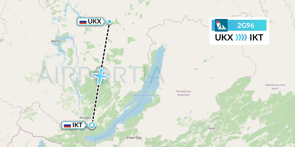2G96 Angara Airlines Flight Map: Ust-Kut to Irkutsk