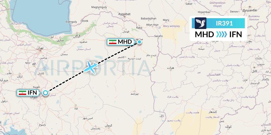 IR391 Iran Air Flight Map: Mashhad to Isfahan