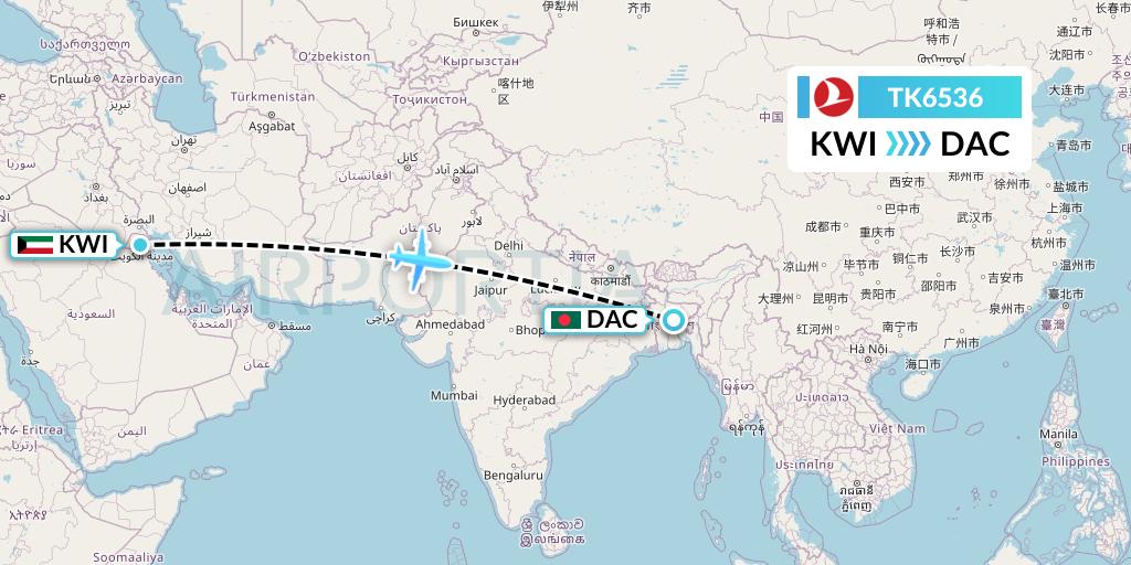 TK6536 Turkish Airlines Flight Map: Kuwait City to Dhaka