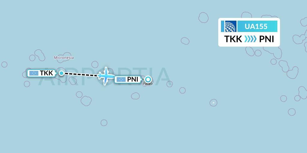 UA155 United Airlines Flight Map: Chuuk to Pohnpei