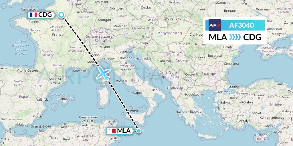 AF3040 Air France Flight Map: Malta to Paris