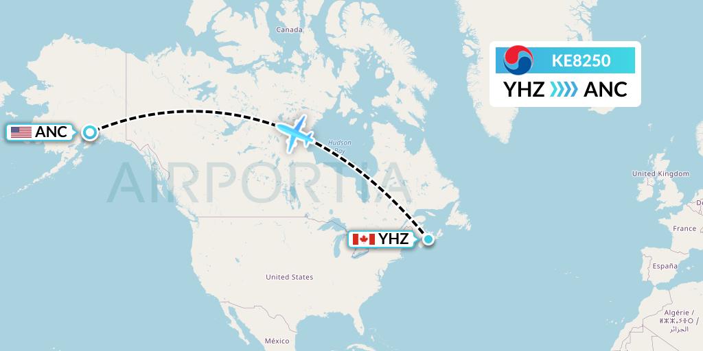 KE8250 Korean Air Flight Map: Halifax to Anchorage