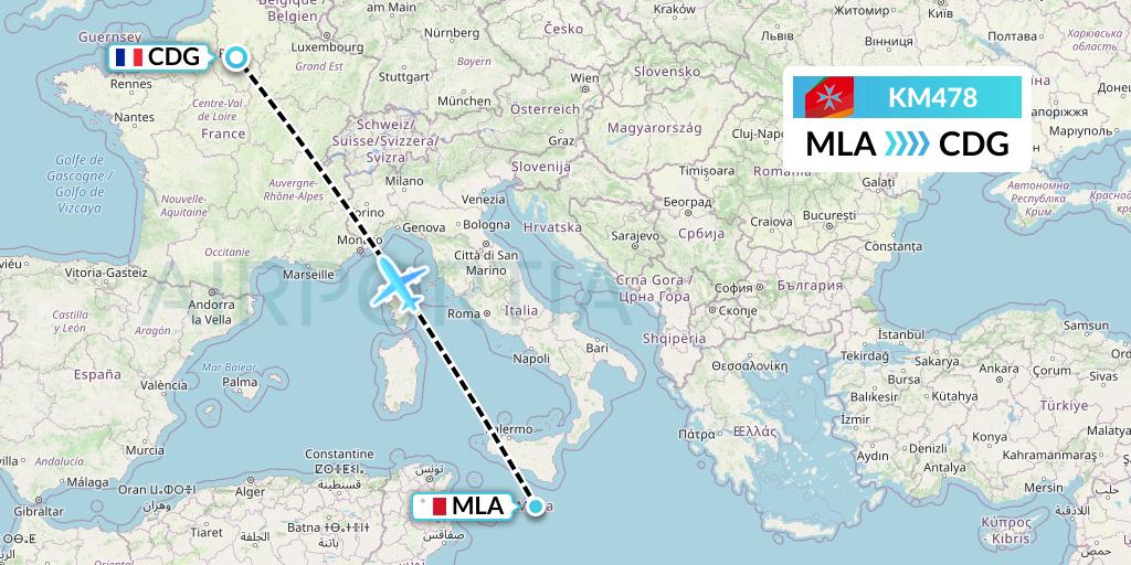 KM478 Air Malta Flight Map: Malta to Paris