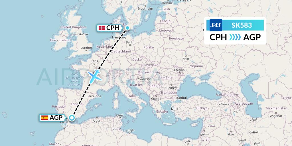 SK583 SAS Flight Map: Copenhagen to Malaga